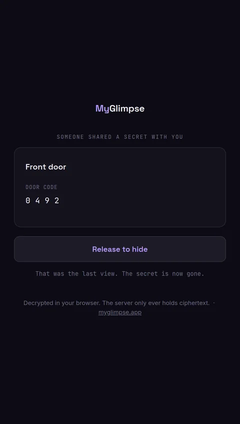 Holding the button: the secret, an Airbnb lockbox code, revealed and decrypted in the browser.