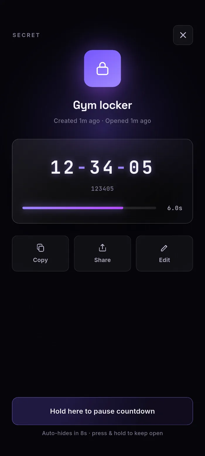 A Gym locker glimpse revealed: the code shown large and grouped as 12-34-05 while a countdown runs.