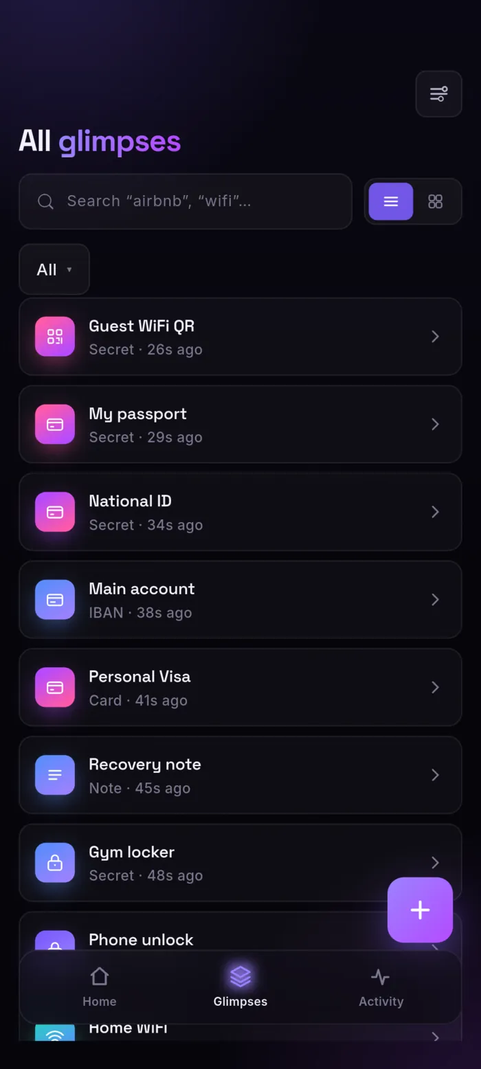 All glimpses list with search, showing entries by type and how long ago each was opened.