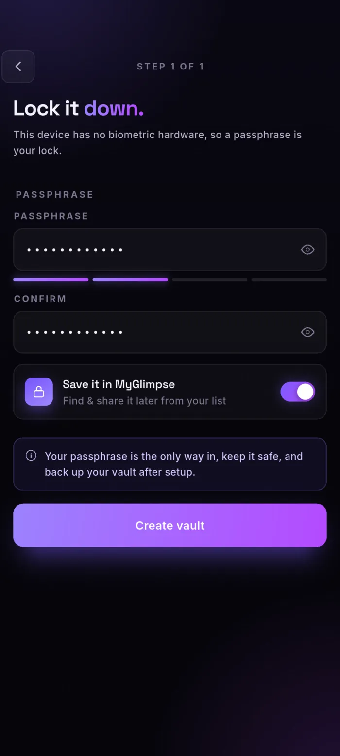 Lock-down screen: a passphrase field with a live strength meter and a confirmation field.