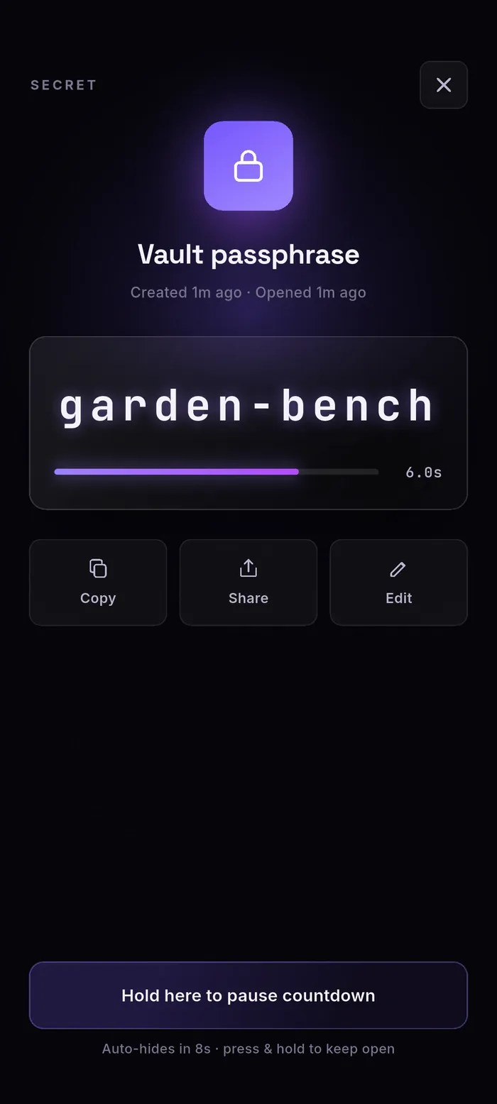 The reveal screen for a Vault passphrase glimpse: the value “garden-bench” in large monospace with a countdown bar.