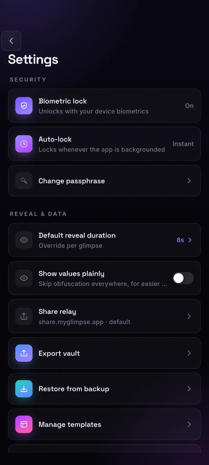 Settings screen: biometric lock, instant auto-lock, default reveal duration, share relay, export and templates.