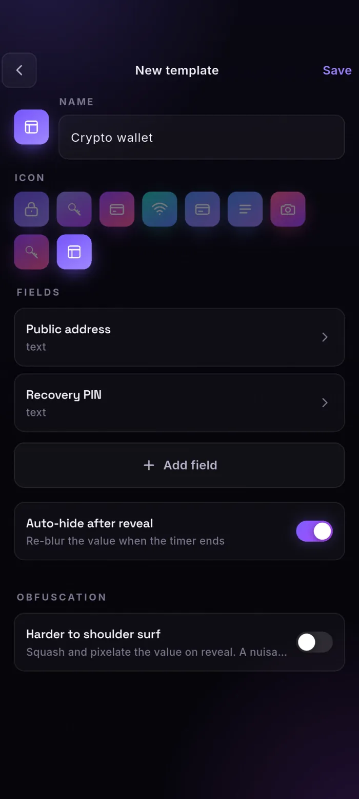 New custom template named Crypto wallet, with an icon picker and fields for public address and recovery PIN.